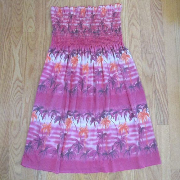 BABA WOMENS JUNIOR'S SIZE XL DRESS RED & ORANGE SMOCKED PALM TREES STRAPLESS USA - Picture 1 of 7